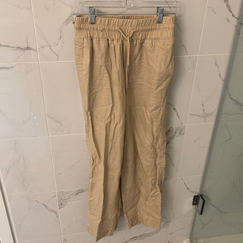 Quince Neutral Beige Drawstring Straight-Leg 100% Linen Pants